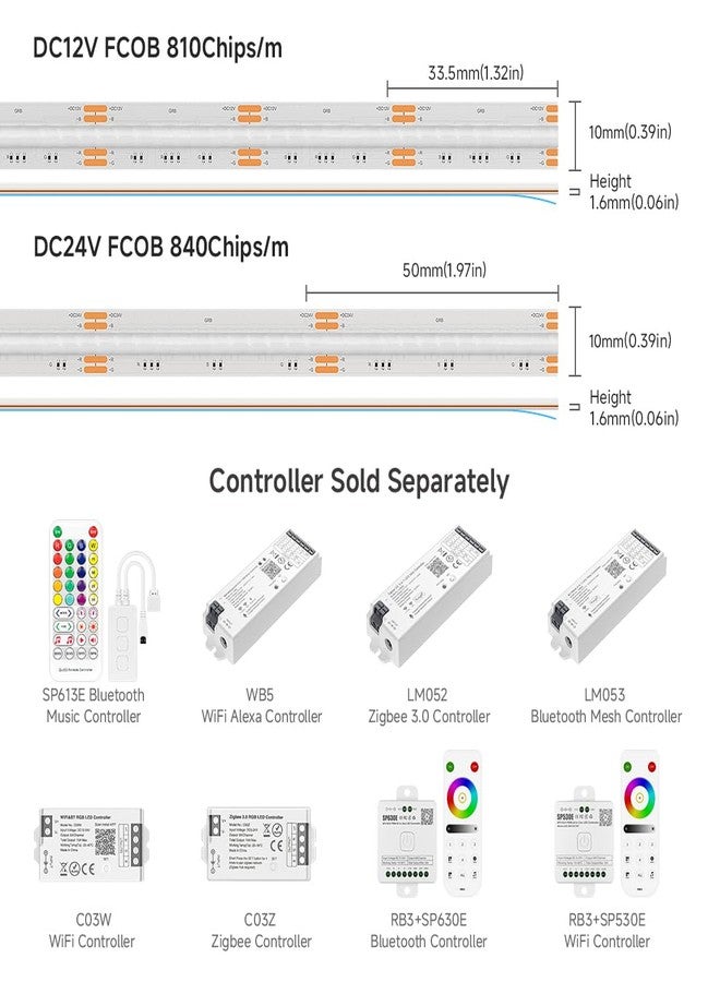 BTF-LIGHTING شريط إضاءة LED من نوع BTF-LIGHTING FCOB COB RGB، 840 مصباح LED/متر، طول 16.4 قدم، يعمل بجهد 24 فولت تيار مستمر، متغير اللون، مرن، عالي الكثافة، إضاءة موحدة، عرض 10 مم، مناسب لغرف النوم والديكورات الداخلية للمنزل (بدون محول أو وحدة تحكم). - Image 4